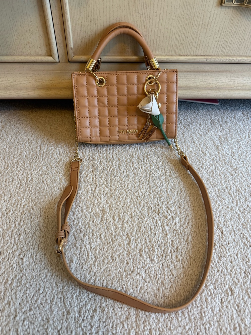 Steve Madden Quilted Tan Top-Handle Satchel with Rose Charm